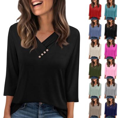 Women's T Shirt Tee Button  3/4 Sleeve Tunic Daily Weekend Fashion Basic V- Neck Regular Top