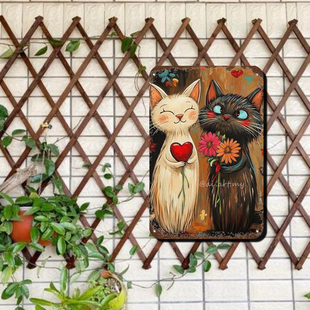 1pc Retro Cartoon Cat Love Heart Flower Wall Decor, 2D Flat Iron Metal Painting Sign, Vintage Style for Home Bar Cafe Restaurant Garage Courtyard