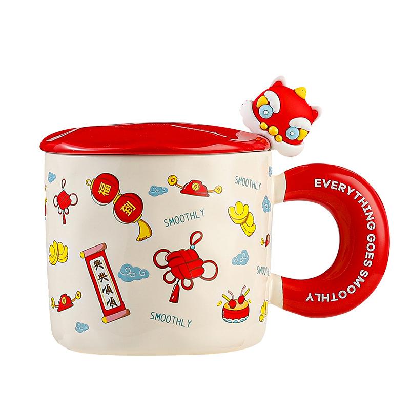 Spring Festival Gift Mug with Lid Spoon Cute Ceramic Water Cup Girl High Looking Cartoon Office Couple Cup