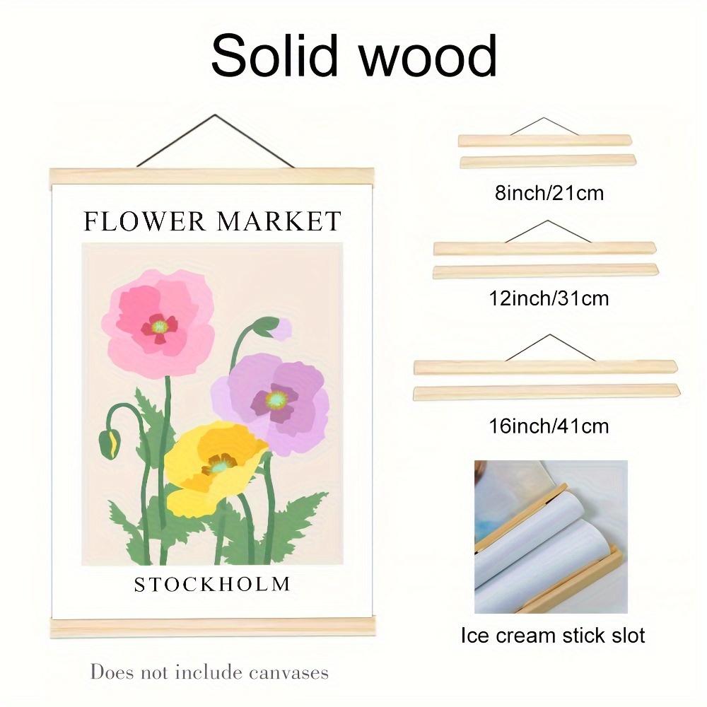 A Modern Style Solid Wood Poster Frame Hanger with Interchangeable Spacers for Rectangular Clip Picture Frames, Vertical Orientation, Reusable DIY