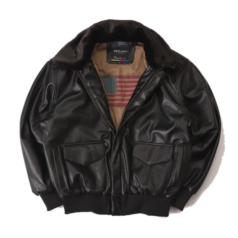 Normanlong Men's Retro A2 Aviator Jacket - American Military Vietnam War Leather with Fur Collar & Cotton Lining
