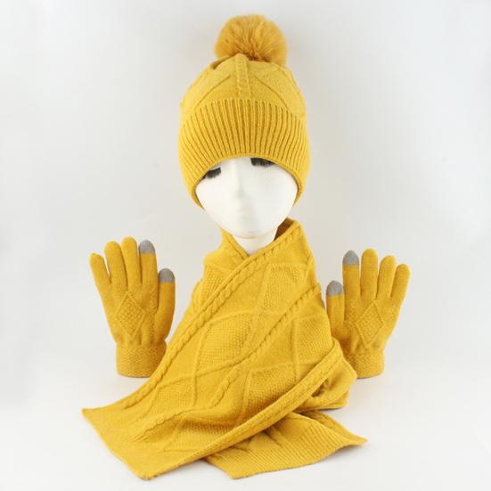 3Pcs/Set Women Winter Hat Scarf Gloves Set Plush Ball Decor Rhombus Texture Knitting Hat