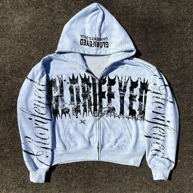 Y2K Letter Pattern Zipper Print Autumn Long Sleeved Retro Street Hoodie
