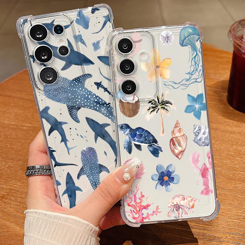 Whale Turtle Pattern Clear Phone Case For Samsung Galaxy S26 S25 S24 S23 Ultra S22 S26 Plus S21 S24 S25 FE Shockproof Soft Cover