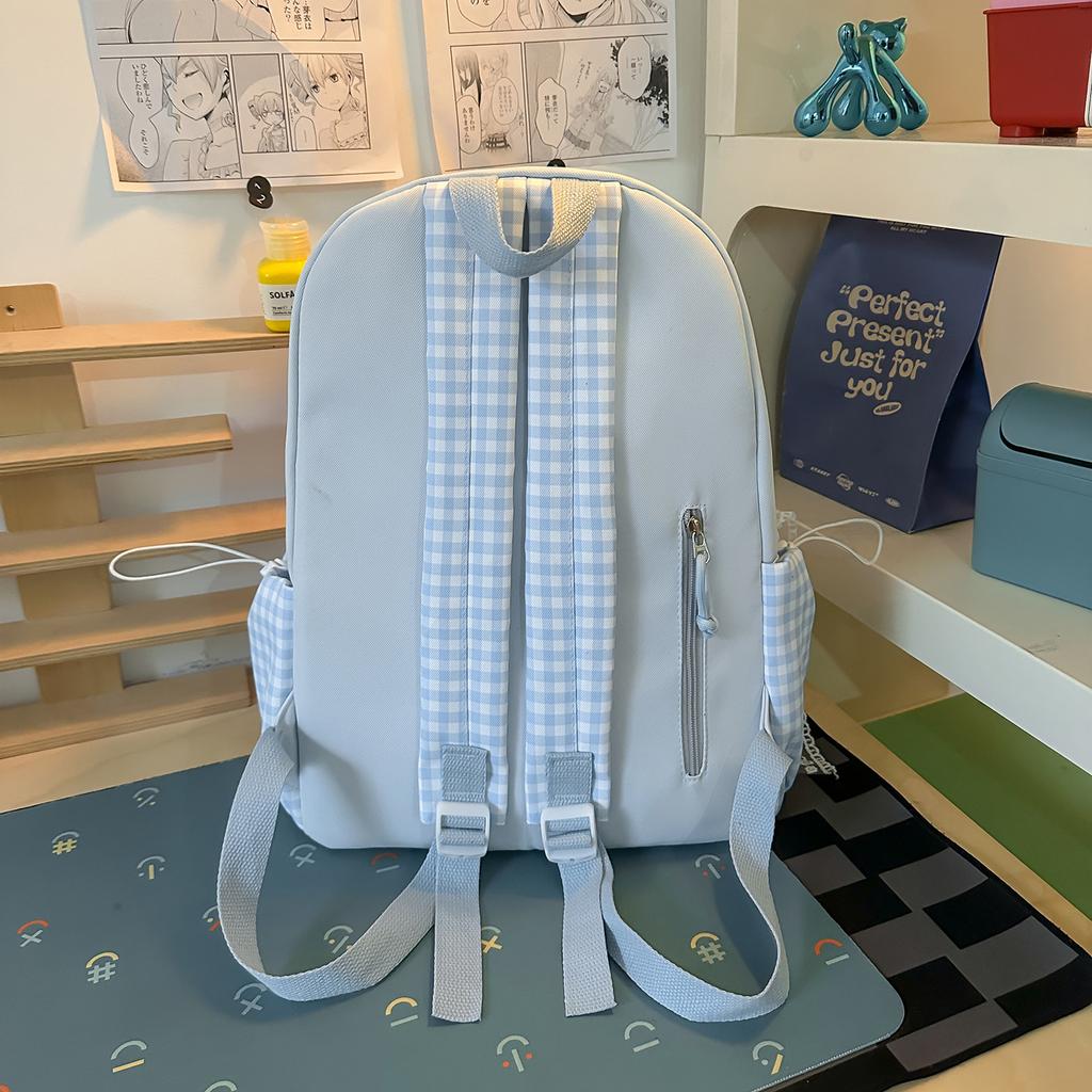 Schoolbag Clear Ice Blue Plaid Splicing Milk Fufu Student Party Schoolbag Day Korean Sweet Sister Holiday Girlfriends Travel Small Backpack