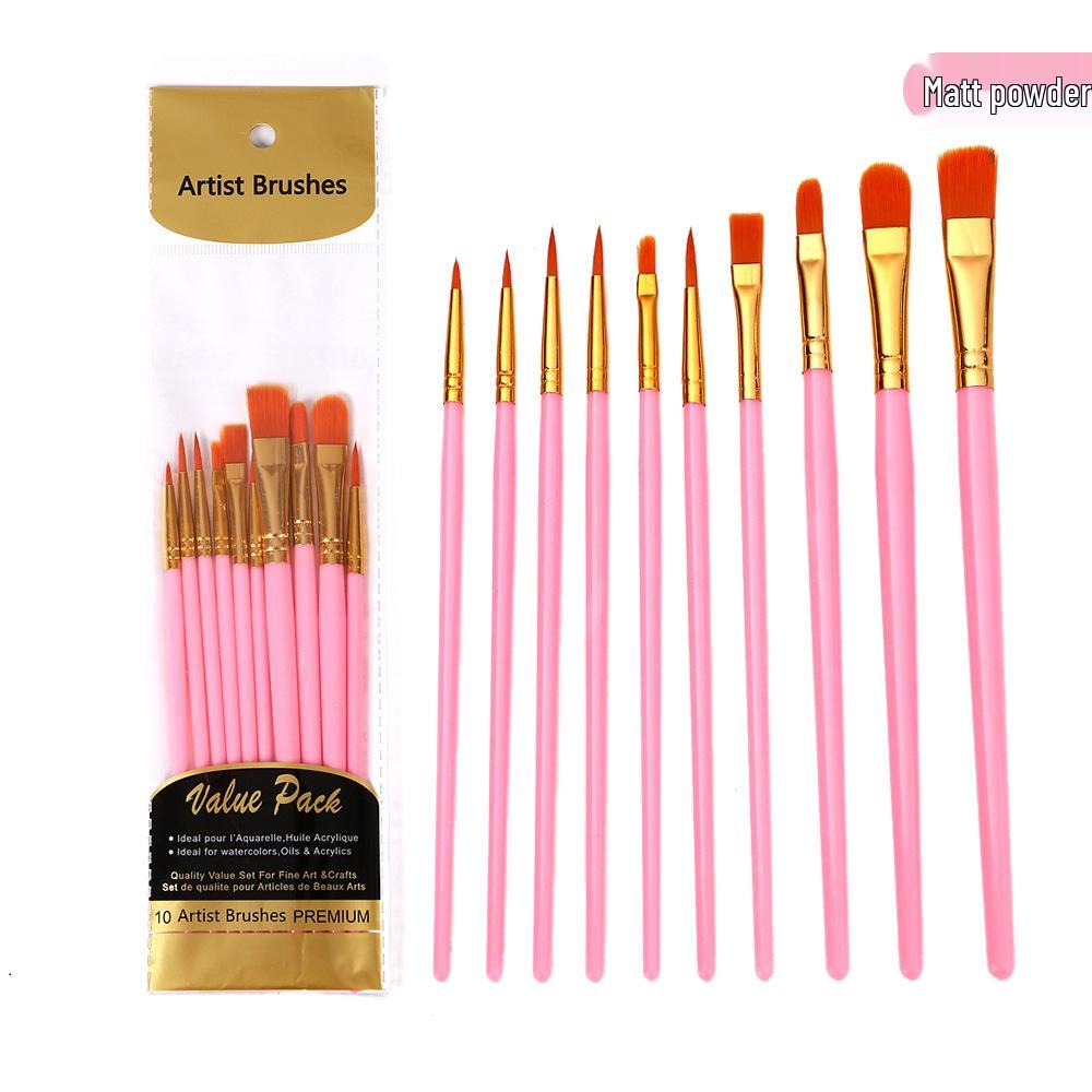 10-Piece Nylon Paintbrush Set with Plastic Handles for Oil, Watercolor, and Gouache Painting