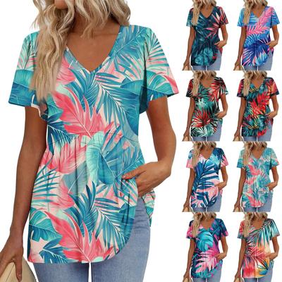 Damski Luźny Casualowy Top T-shirt z Nadrukiem z Dekoltem V i Krótkim Rękawem Top T-shirt z Krótkim Rękawem