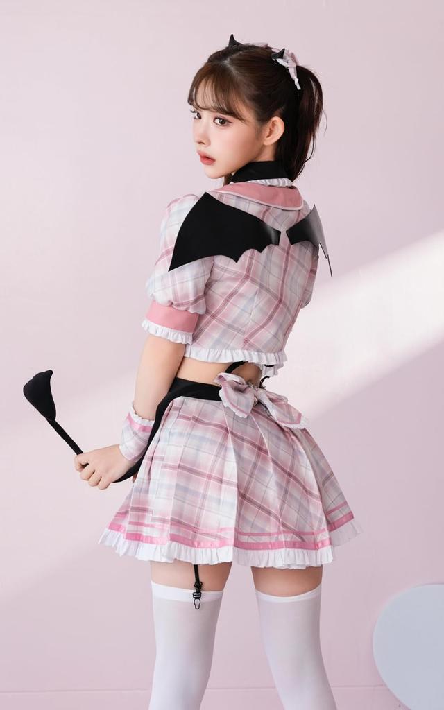 [Malymoon] Cosplay Devil Succubus Sailor Uniform Check Pattern Loose Strawberry Horns Garter Belt Knee-Highs 10-Piece Set9780 (Pink)