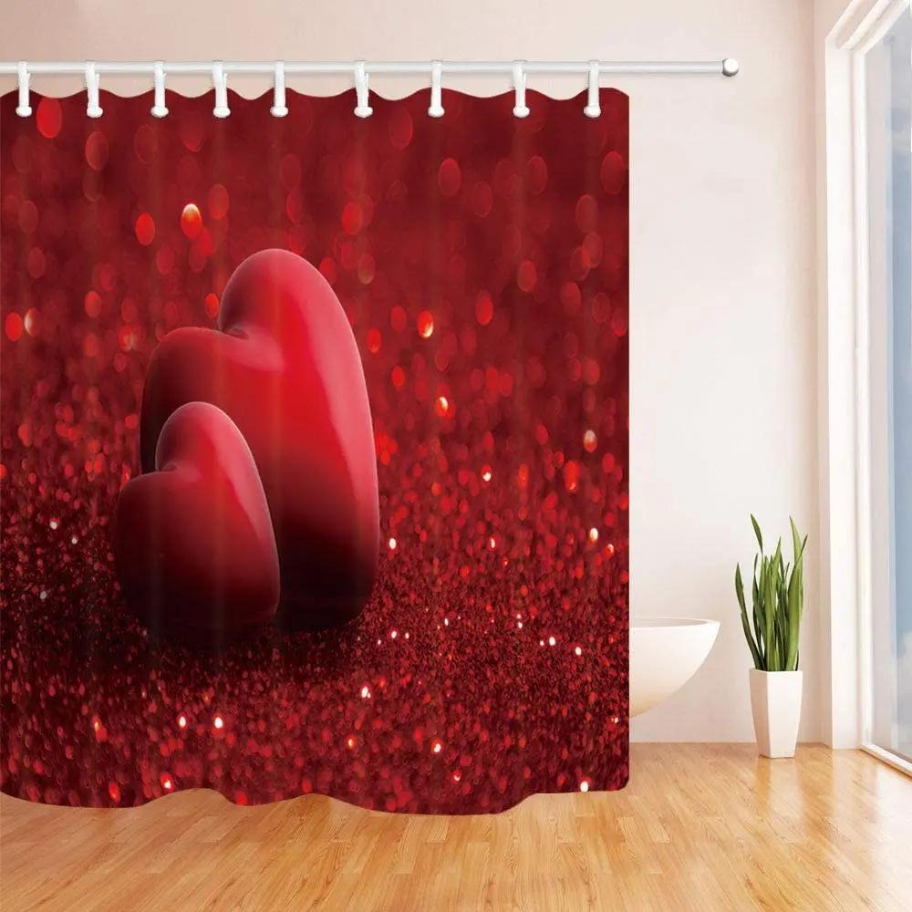 

Valentine s Day Shower Curtain Romantic Love Two Red Hearts Polyester Fabric Bath Curtains With Hooks Wedding Background Decor W90XH180cm