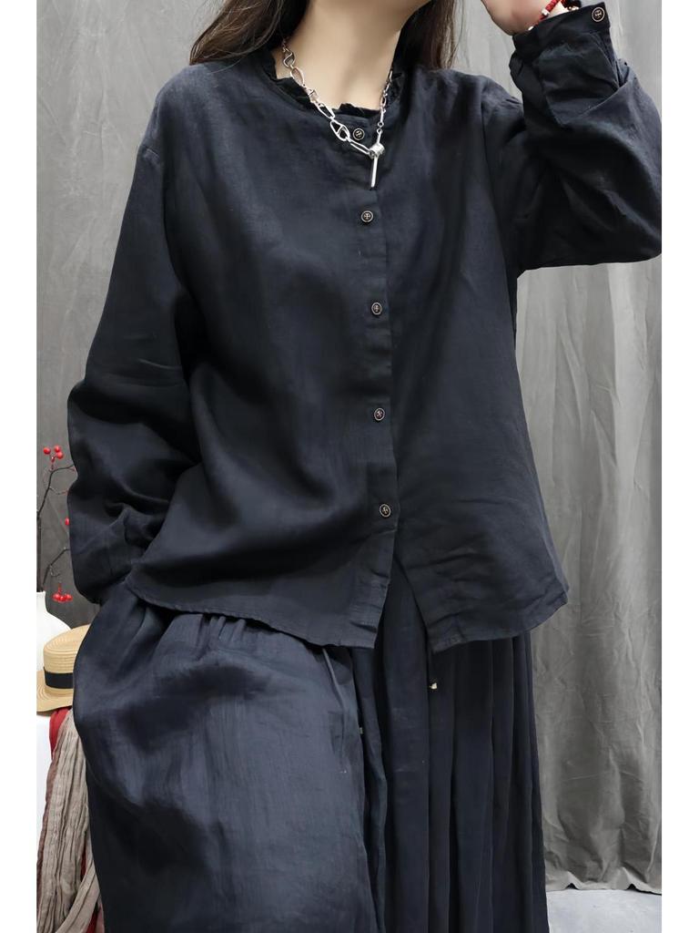 Spring 2025 Washed Cotton Linen Long Sleeve Casual Retro Loose Top