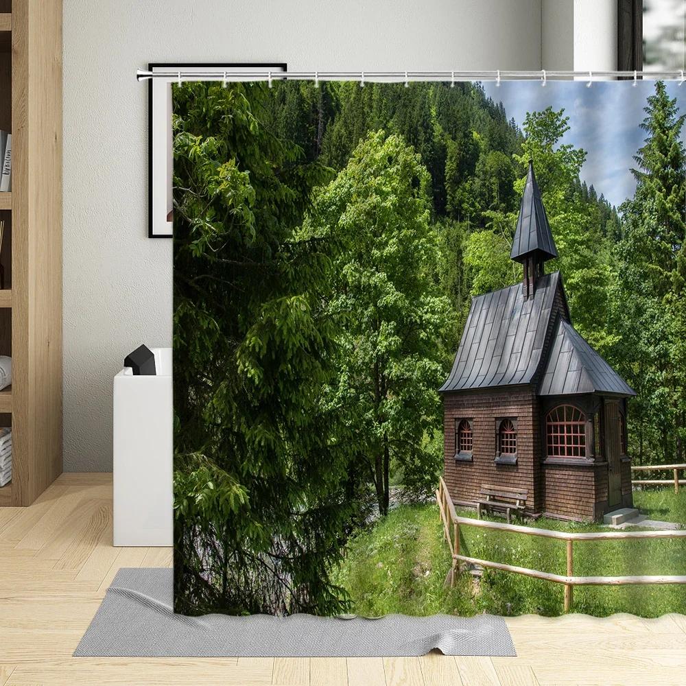 Flower Plant Landscape Shower Curtain Cherry Blossom Waterfall Green Forest Manor Arch Bridge Ocean Scenery Bathroom Curtain Set