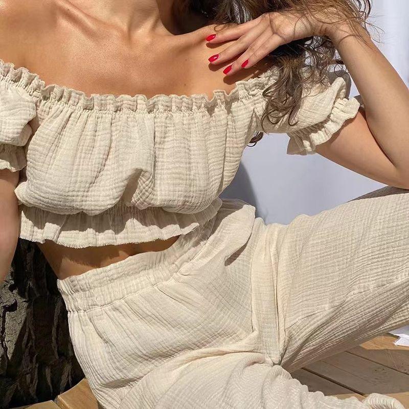 

Fashion New Arrival Elastic Chest Wrap Crop Top Vest Pants Suit Chest Wrap Vest Trousers Set Shallow khakis L