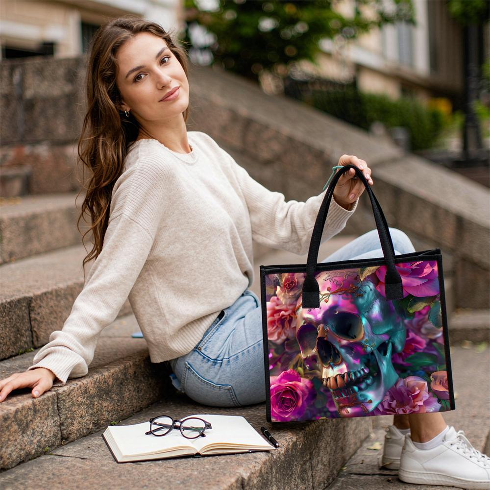 Gothic Floral Skull Print Fashion Tote Bag Casual Daily Large Capacity Portable Shopping Shoulder Handbag