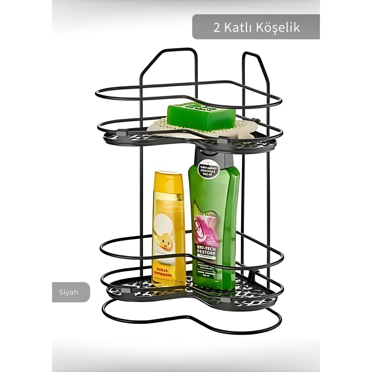 

Banyo Rafı Mutfak Rafı Paslanmaz Baharatlık 2 Katlı Köşelik Şampuanlık Siyah
