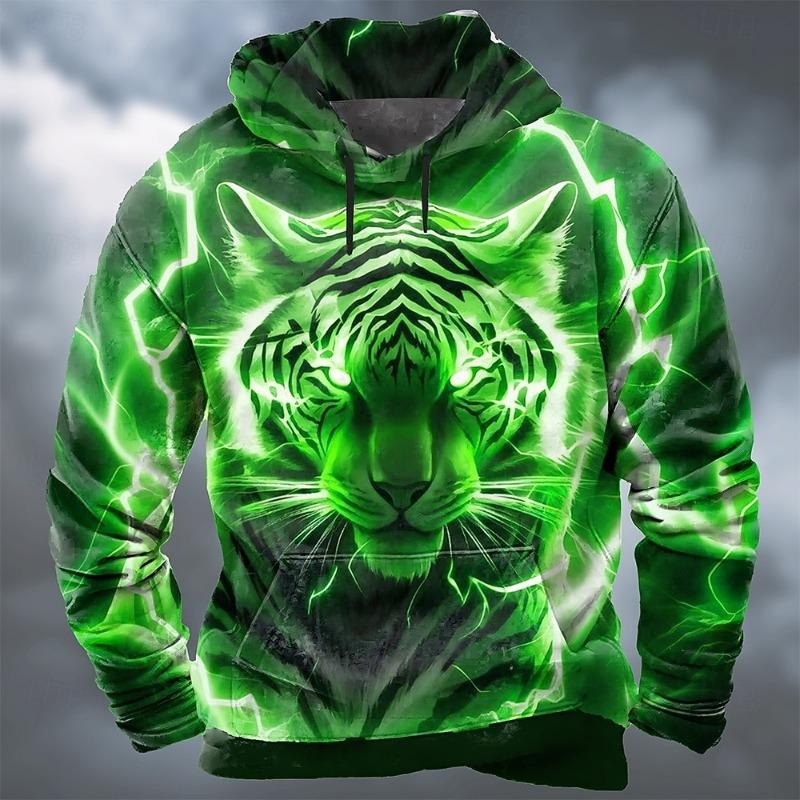 2026 Herbst Winter Herren Tier Tiger 3D Drucke Kapuzenpullover Sweatshirt Langarm Rundhals Streetwear Kordelzug Oberteile