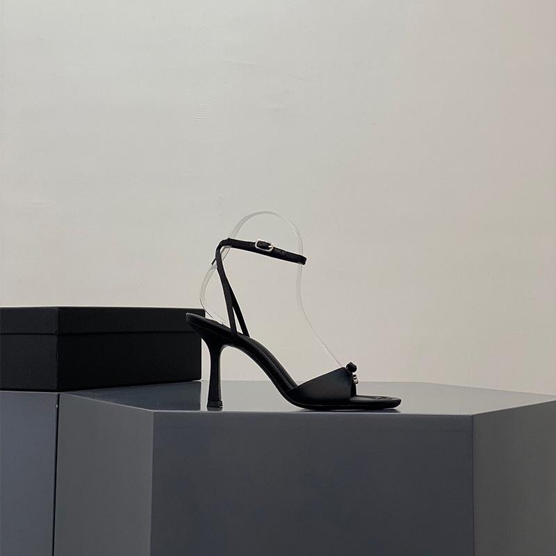 

2025 new summer bow satin high heels women s sexy rhinestone letter thin heel open toe cool slippers pink 34