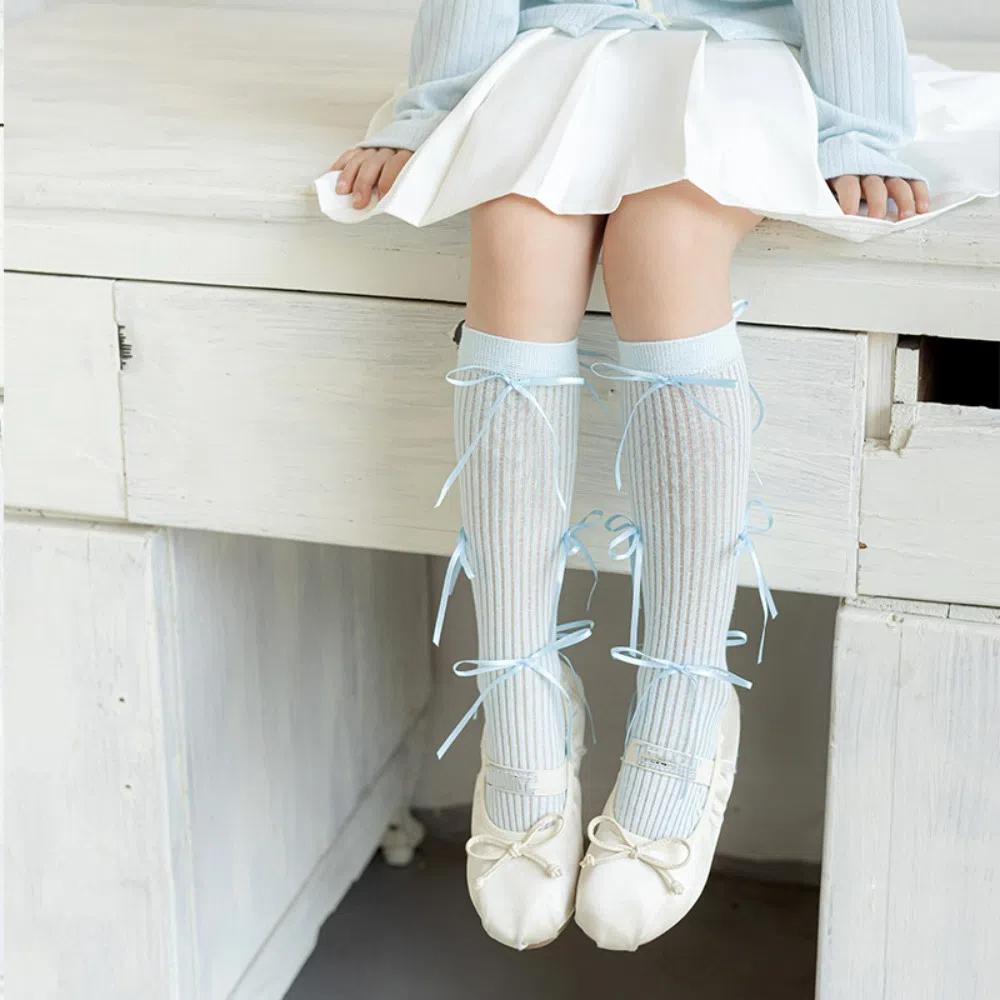 Ribbon Bow Balletcore Socks Solid Color Thin Stockings Comfortable Mid-Tube Hosiery  Women