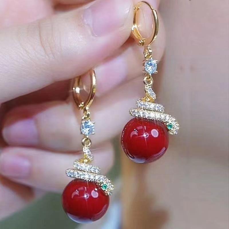 

Винтажные серьги с красными бусинами, имитацией жемчуга и бриллиантами для женщин, рождественские и новогодние ювелирные подарки