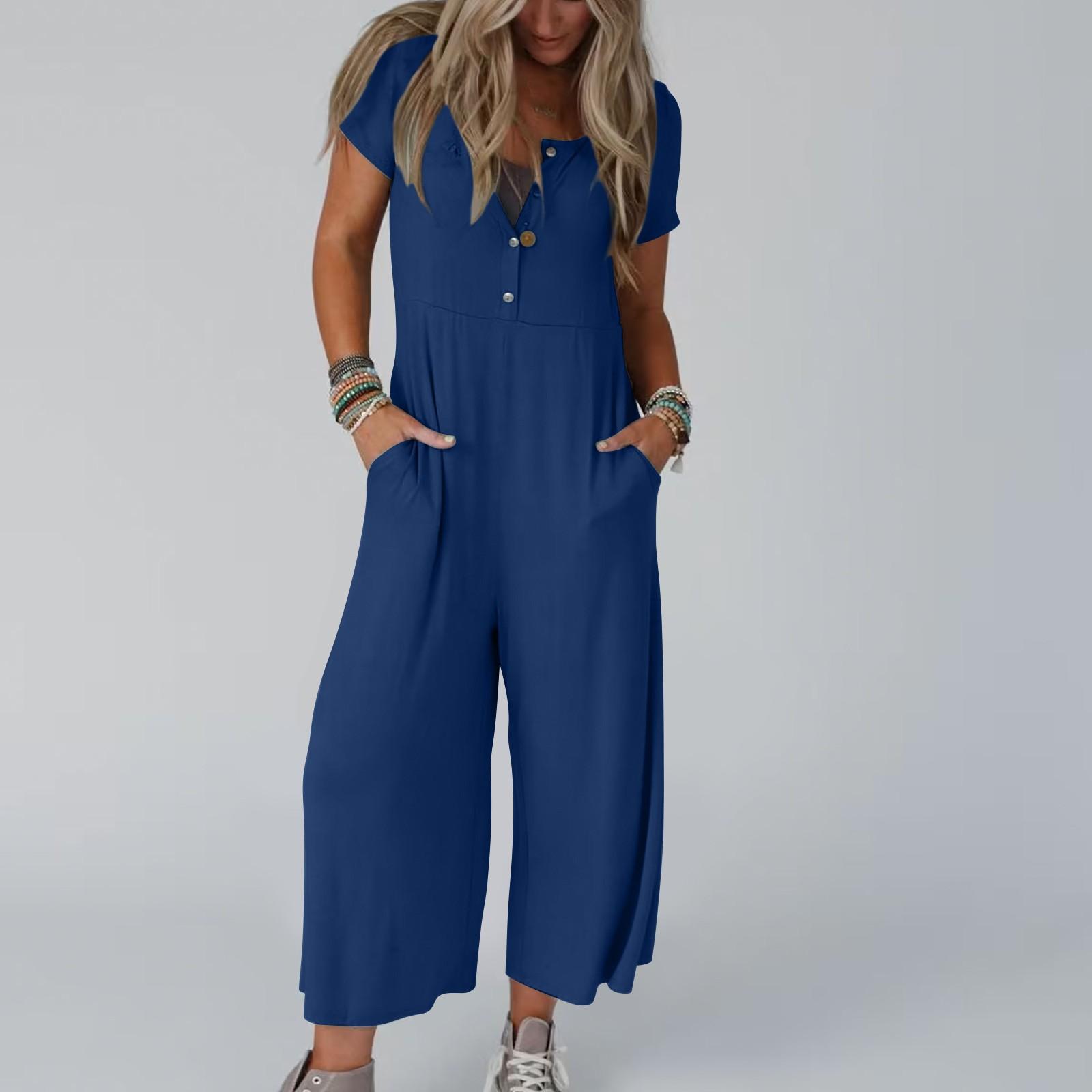 

Женские повседневные спортивные комбинезоны Весенняя и летняя одежда Одежда с короткими рукавами Комбинезоны Рабочая одежда Спортивная одежда Повседневные домашние пижамы L синий