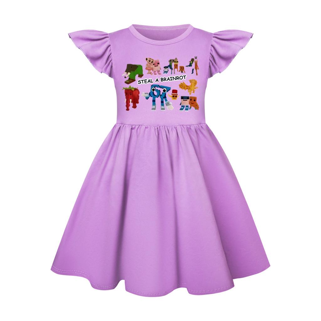 5214 Kids Girls Steal a Brainrot 67 Six Seven Printed Ruffle Short Sleeves Casual Dress