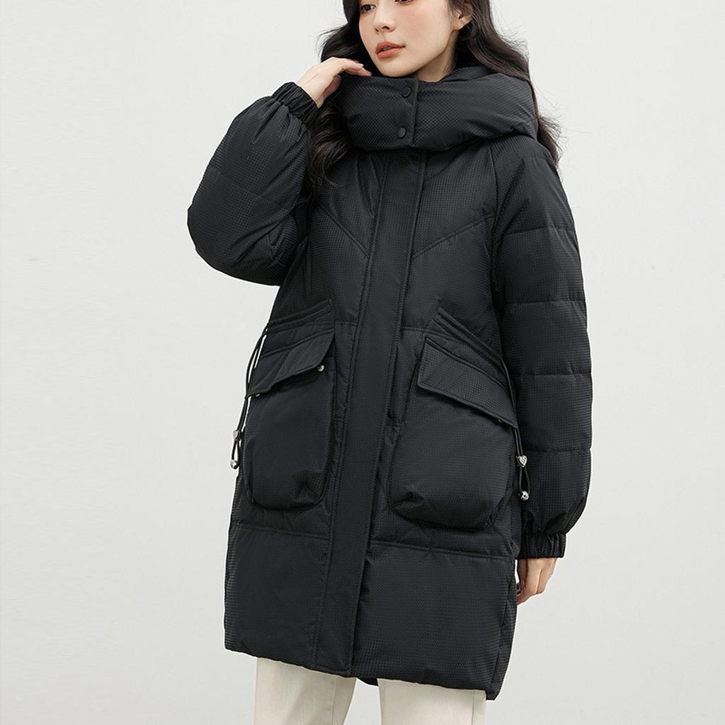 Verdickte, mittellange, lockere, modische, große Kapuzenjacke für Mädchen, bequem, gesteppt, mit Baumwolle gefüttert