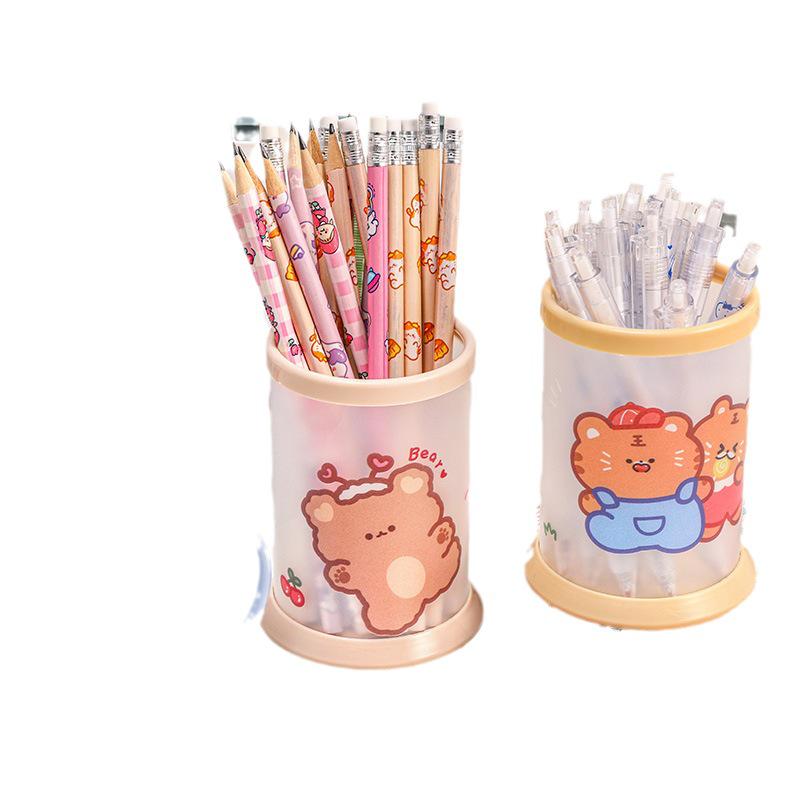 Creative Foldable Cartoon Pen Holder - Round Plastic Desktop Storage for Office & Study