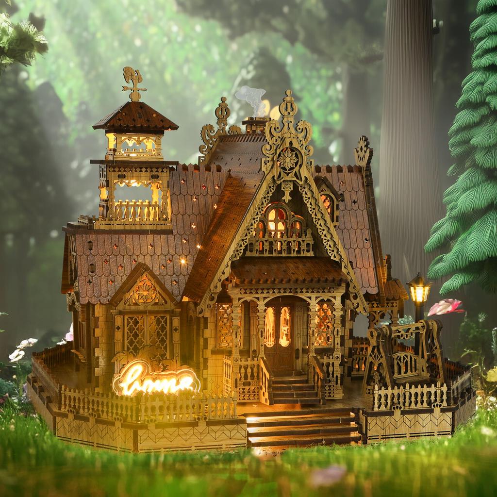 FUNPOLA 3D Wooden Wooden Country Cottage DIY Miniature Building Kit with LED Gift for Adults and Instructions 251 Pieces Puzzle, Puzzle, Model, Model,