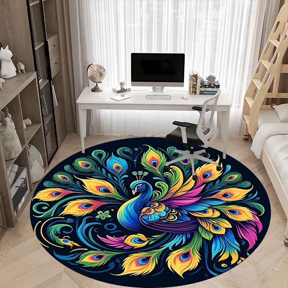 1PC Peacock Feather Design Office Round Rug, Non slip, Soft and Durable Office Rug for Interior Decoration, Perfect for Office