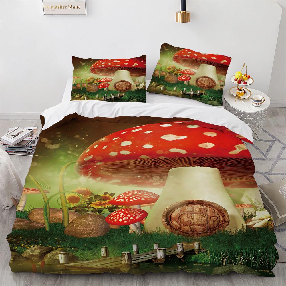 Niedliches Pilzmuster Polyester Bettwäscheset Magisches Pilzhaus King Queen Full Size Bettbezugset Erwachsene Kinder Bettdeckenbezug