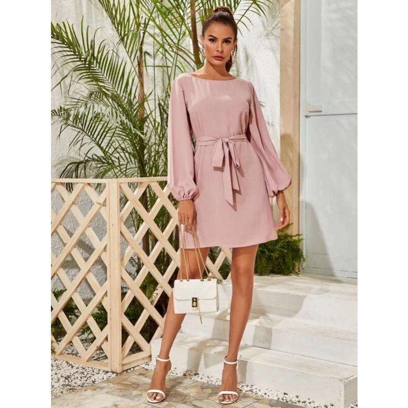 Spring Autumn Elegant Fashion Lace Up Waist Dress Women Lantern Long Sleeve Solid Color Robe Vestidos