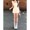 Miss French Puff, early spring double-layer ruffle edge neckline design shows one-word shoulder dress female new
