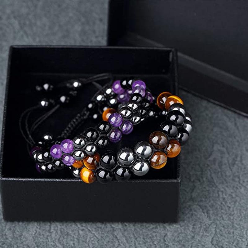 8MM Blue Tiger's Eye Black Magnet Bracelet Double Layer Handwoven Black Agate Double Row Bracelet Men's
