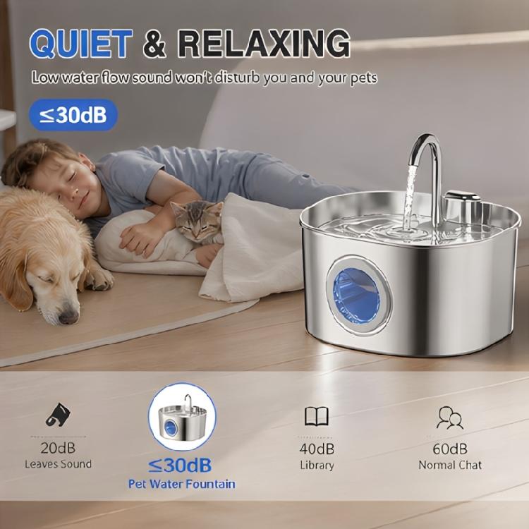 Removable Design Pet Waterer, Metal Bowl 2.2 L, Open Drink Area, USB Cable Power for Indoor Daily Water Supply, Daily Use Unit, Round Unit