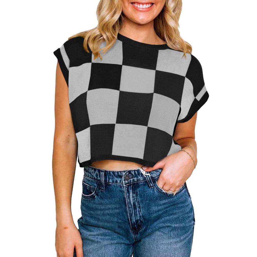 Summer and Autumn Crop Exposed Short Sleeved Color Block Round Neck Knitted Checkerboard Short Women's Sweaters