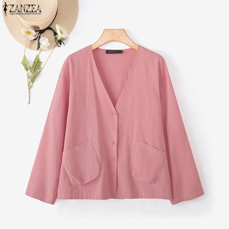 ZANZEA Women Casual V-Neck Loose Long Sleeve Cotton Blouse