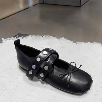 Flat Shoes for Woman Retro Style Round Head Ballet Shoes Women's Rivet 2026 New Spring Bow Shallow Mouth Flat Mary Jane Shoes