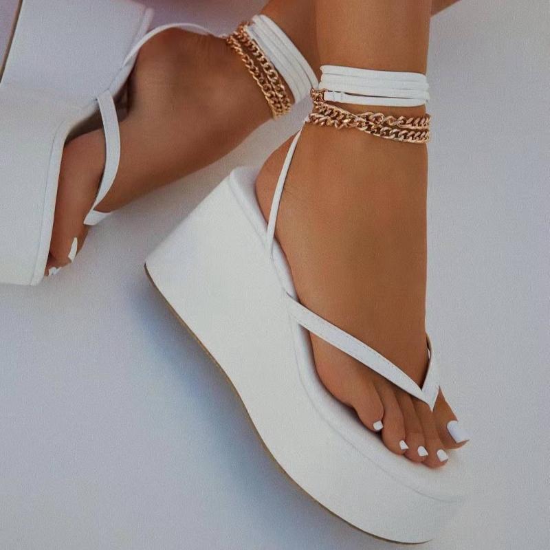 Women High Heel Sandals 8CM Wedge Platform Cross Strap Metal Chain Flip Flops Sexy Summer Street Party Casual Slippers Sandalias
