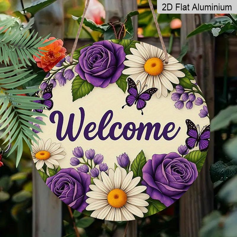 2D Flat 1pc, 8x8 In Printed Artwork, Welcome Wreath Butterfly Round Aluminum Metal Sign, Wall Home Room Farmhouse Home Street, Shop, Garage, Farm