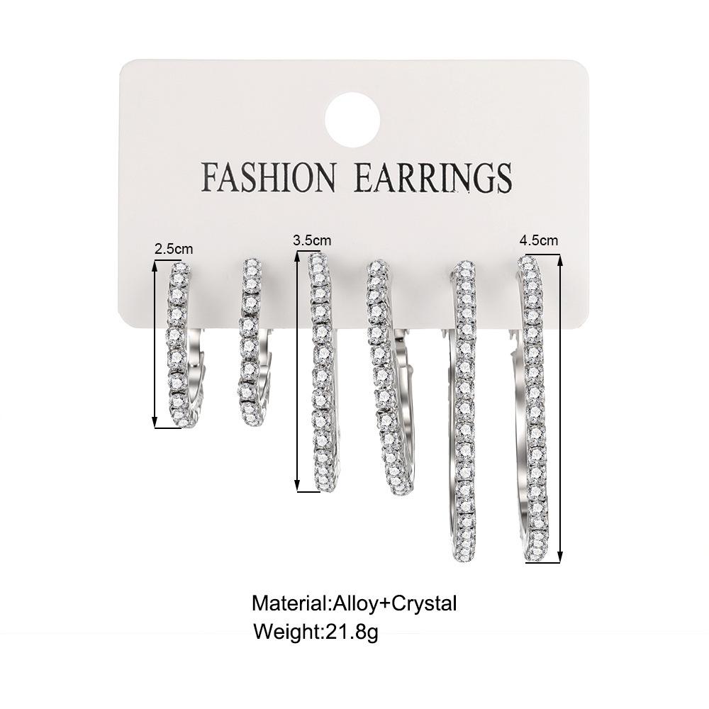 European and American Fashion Shiny Rhinestone Hoop Earrings - Creative Minimalist Design, Set of Three Pairs