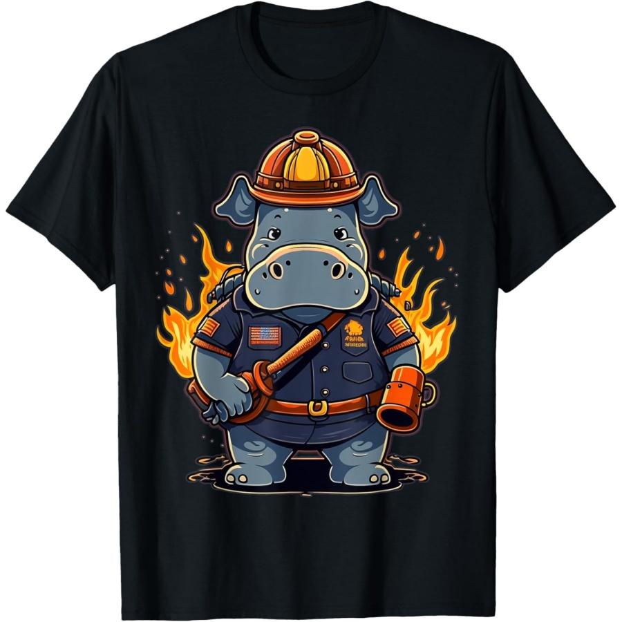 Hippo Fireman on Firefighter Hippopotamus T-Shirt S