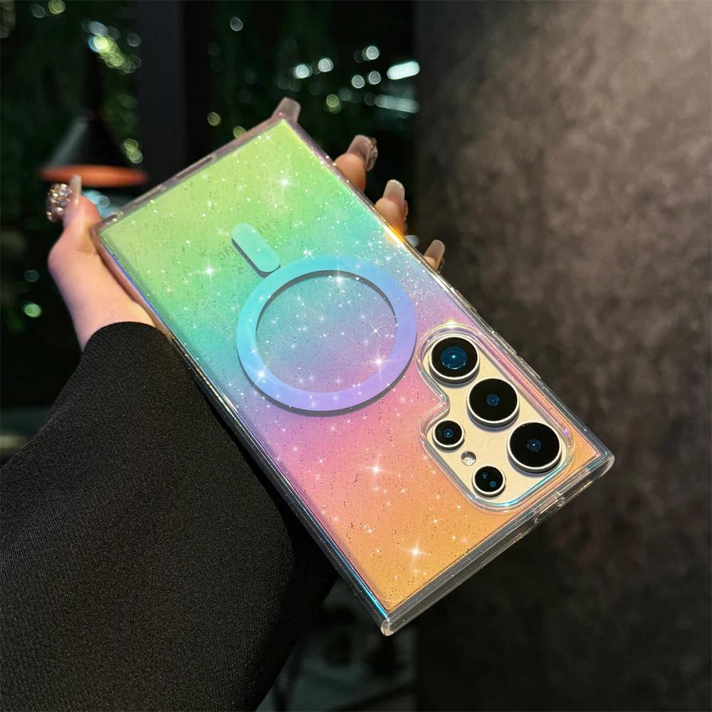 Glitter Aurora for  Acrylic Case for Samsung Galaxy S2 S24 S26 Ultra S23 S24 FE S22 Plus Magnetic Laser Gradient Cover