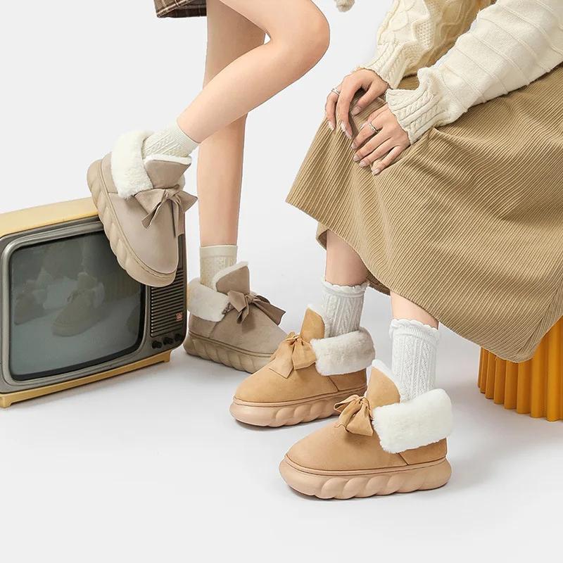 Fashion 2025 New Winter Warm Slippers Women Home Floor Shoes Soft Plush Lace-up Female Indoor Street Snow Boots Girls Platform Footwear