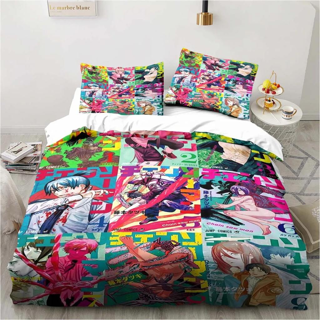 Chainsaw Man Bedding Lovely Anime Cartoon Twin Bedding Set 3 Piece Comforter Set Bed Duvet Cover Double King Cover Home Textile Tool