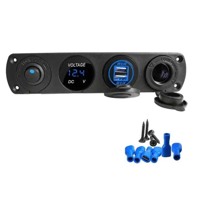 4 in 1 Marine Switch Panel 12V Dual USB Charger Socket Power Outlet LED Voltmeter Cigarette Lighter Socket ON Off Button Switch
