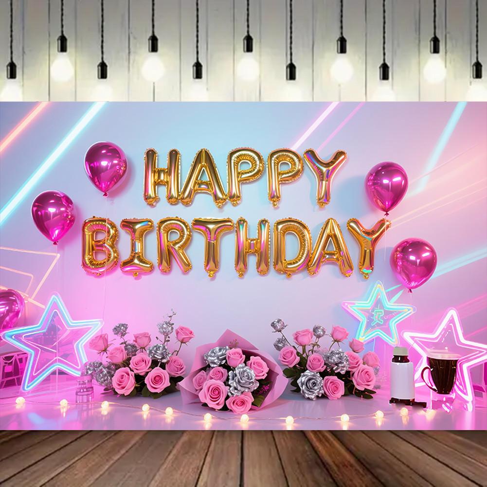 Balloons,Flowers,Stars Theme-Happy Birthday Backdrop Polyester for Photo Booth,Party Event,Indoor/Outdoor Celebrations