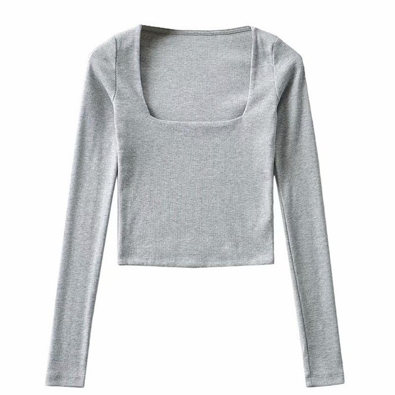 Women Cotton Ribbed Square Neck Crop Top With Long Sleeve
