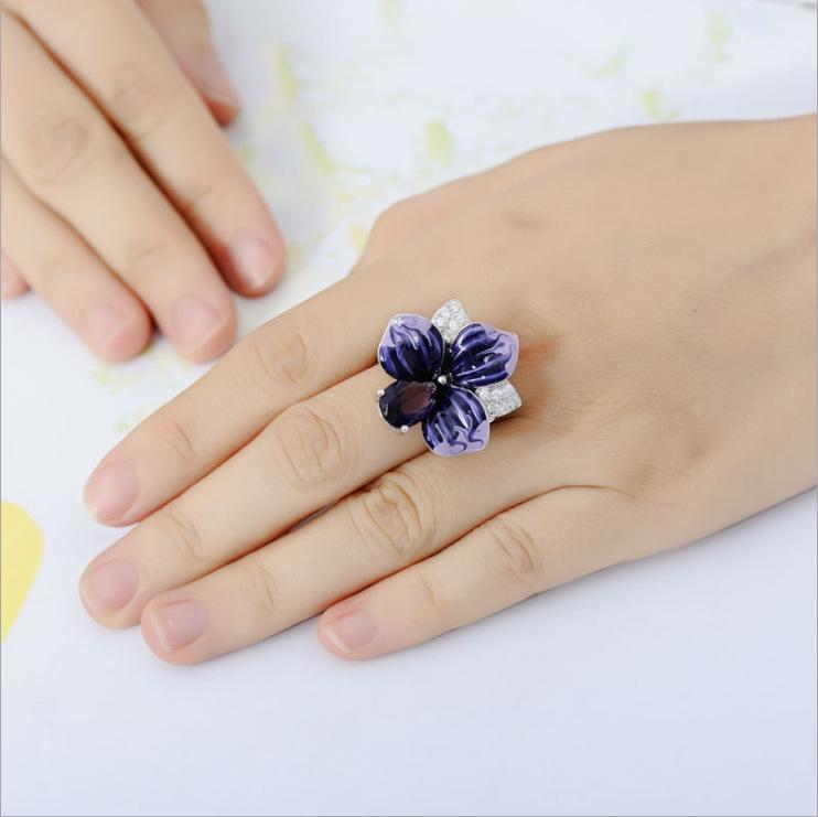 Hecheng Enamel Butterfly & Flower Cloisonné Ring for Women - European & American Style with Diamond Highlights
