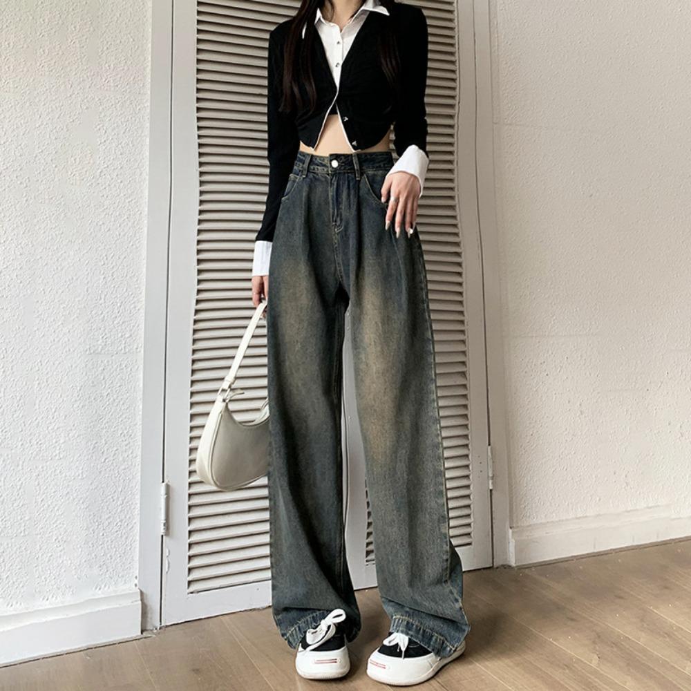 Cement Gray Wide-leg Jeans Women's Autumn and Winter New Small Loose Retro High-waisted Straight Jeans