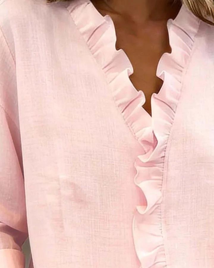 Top Elegante con Volantes y Cuello en V Estilo Francés para Mujer Primavera/Otoño 2026 Europeo y Americano