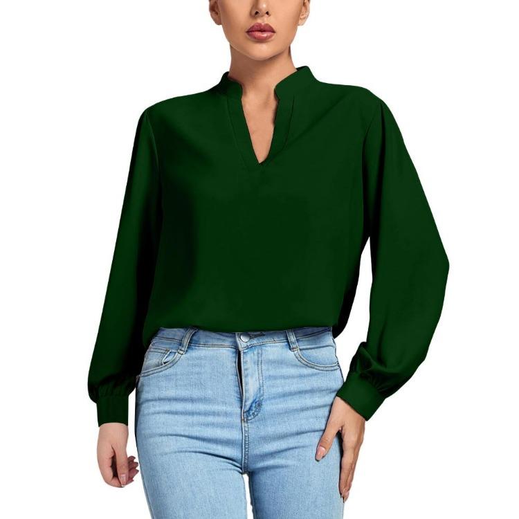 Women Work Shirt Elegant High Neck Long Sleeve Loose V-neck Top Stylish Soft Breathable Lightweight Pullover Shirt